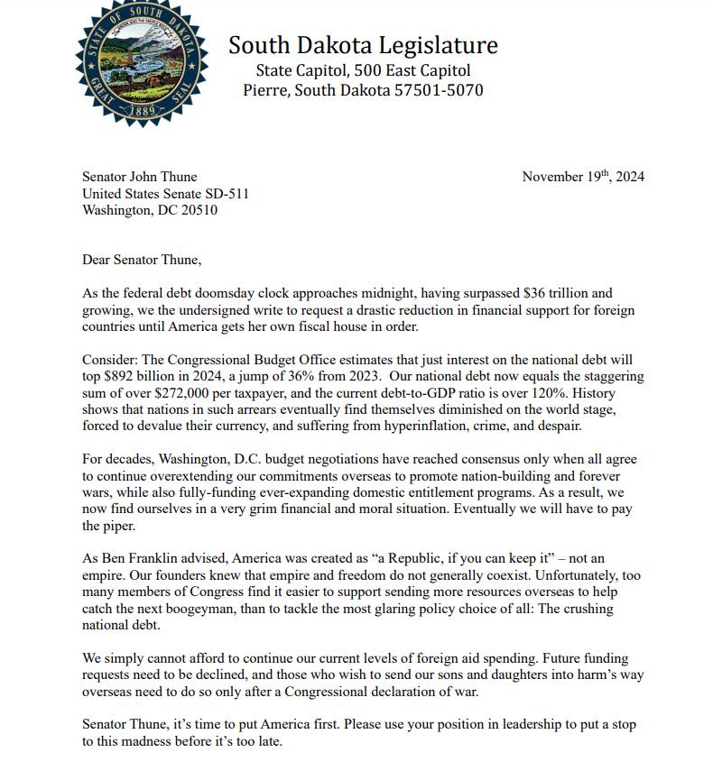 Letter from SD Legislators – “Senator Thune, it’s time to put America First.”