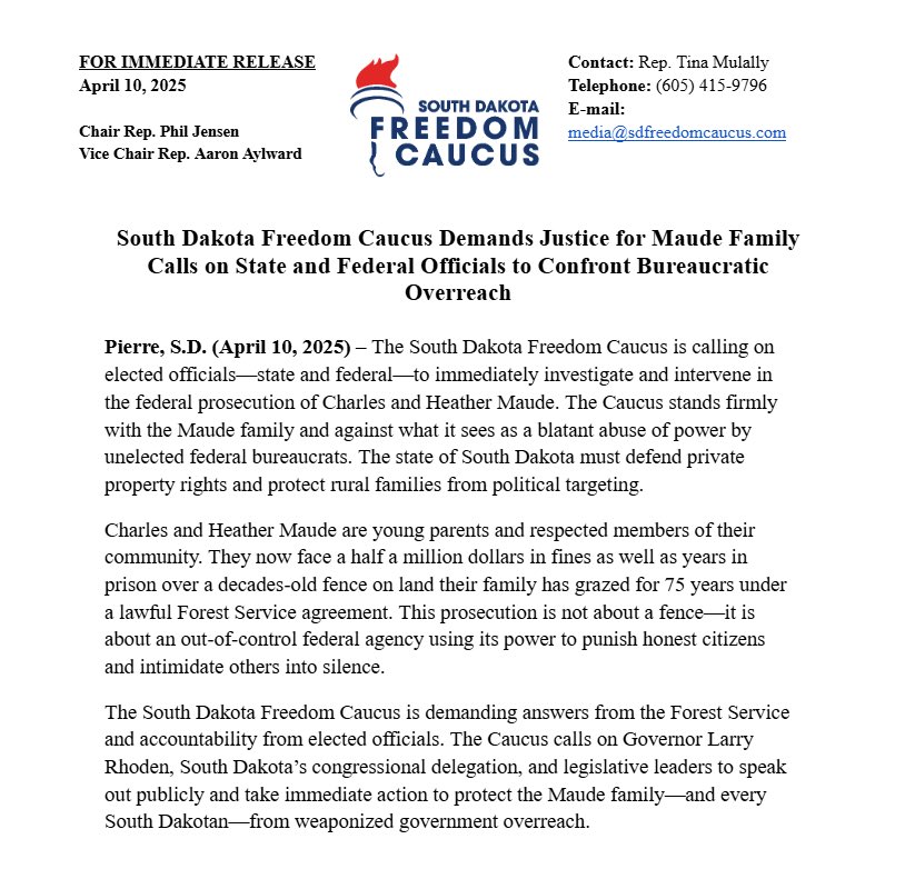 South Dakota Freedom Caucus calls for intervention and investigation into Federal Prosecution of Maude Family